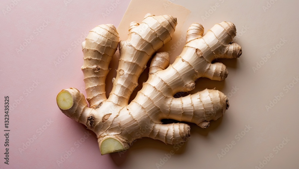 Poster fresh ginger root positioned on a soft pink pastel backdrop with subtle lighting highlighting its te