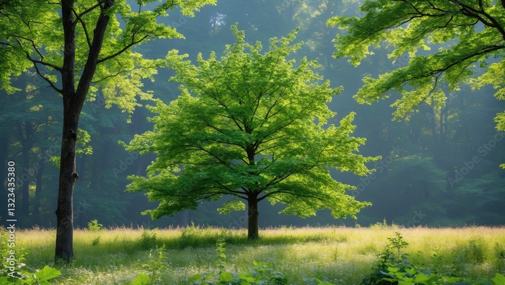 Poster Lush green trees in a serene summer forest setting with dappled sunlight casting soft shadows on a grassy field, vibrant foliage creating a tranquil ambiance.