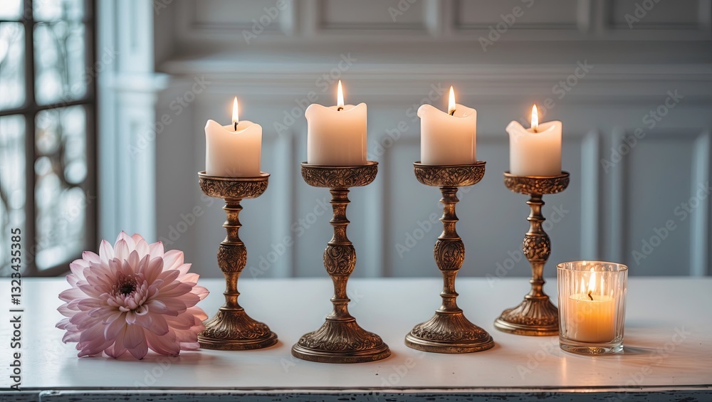Poster elegant gold candlesticks with lit white candles arranged in a line on a bright white table with a p
