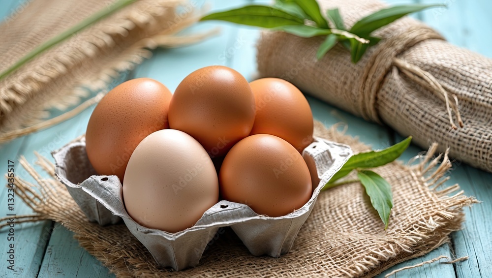 Aufkleber brown eggs in a carton positioned on a textured burlap background with light pastel hues, accompanie