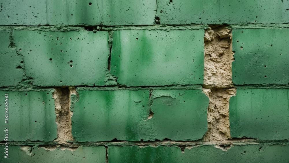 Poster Textured green concrete wall with irregular patches of beige showing through, featuring a matte finish and a mix of deep and light green shades.