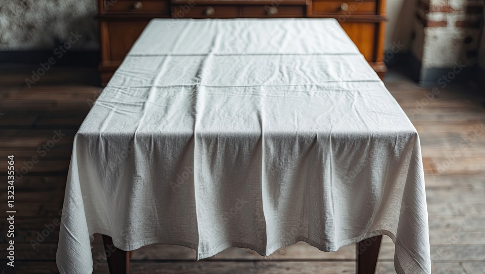 Poster empty white tablecloth draped over a wooden table with a warm brown background, featuring a soft foc