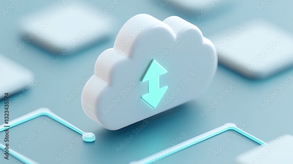 Poster cloud computing icon with upload and download arrows on soft background for digital technology conce