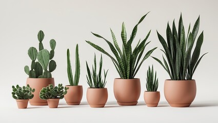 Obraz premium Stylish arrangement of assorted green indoor plants including snake plants and cacti in terracotta pots against a light neutral background.