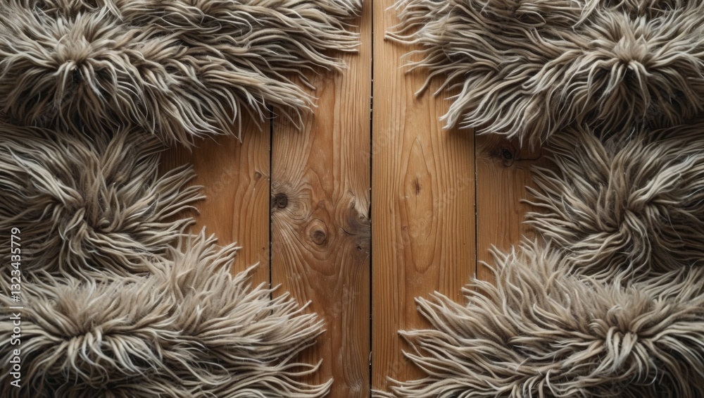 Leinwandbilder textured fuzzy beige carpet surrounding a central rustic wooden surface creating a cozy frame effect