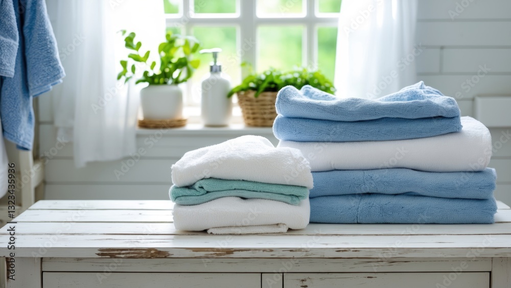 Leinwandbilder freshly folded towels in soft pastel colors on a rustic white wooden table, bathed in natural light 