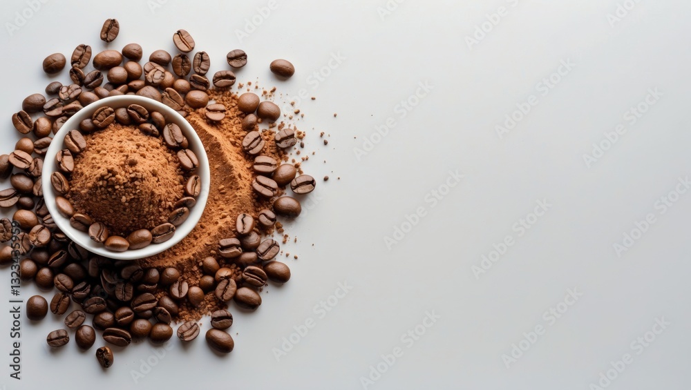 Poster ground coffee in a white bowl surrounded by scattered coffee beans on a light background, ample copy