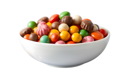 white bowl with colorful candy coated chocolates isolated on transparent background Generative Ai.