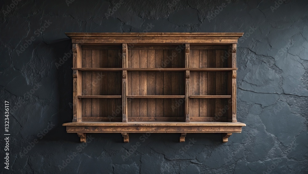 Poster rustic wooden shelf with six compartments positioned against a textured dark gray wall creating a vi