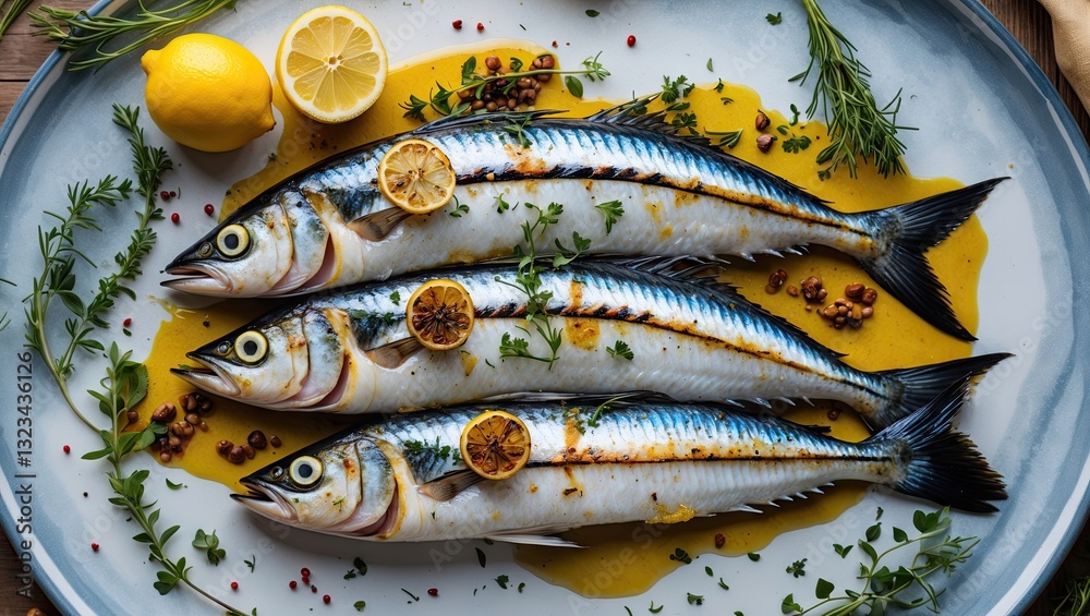 Poster Grilled mackerel fish on a round plate with lemon slices and herbs on a wooden table top view vibrant colors and ample copy space for text