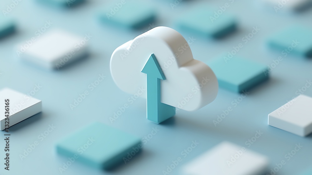 Poster cloud storage concept with 3d arrow pointing upwards representing data upload in a digital environme