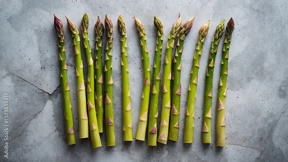 Fototapete fresh green asparagus arranged in a row on a gray concrete background, top view with ample copy spac