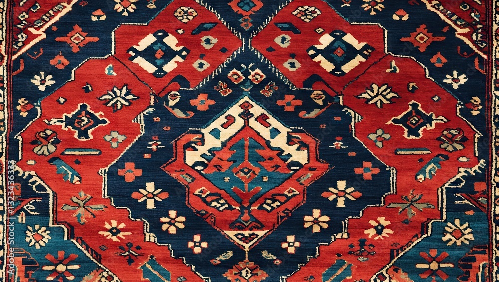 Poster colorful persian carpet design showcasing intricate tribal patterns with rich reds, deep blues, and 