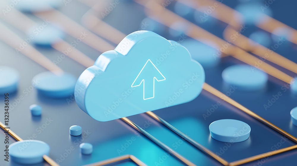 Poster Cloud Storage Concept with Upload Arrow and Digital Circuit Pattern for Technology Themes and Data Management
