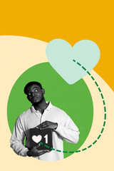 Poster trend sketch template 3D photo collage of relationships couple love Valentine holiday young guy hand hold heart app like reaction