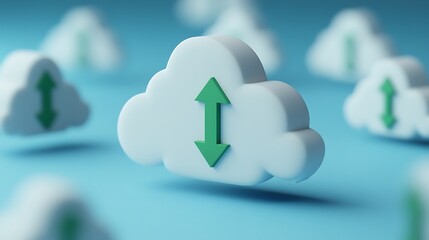 Cloud storage concept with upload and download arrows on soft clouds against a blue background