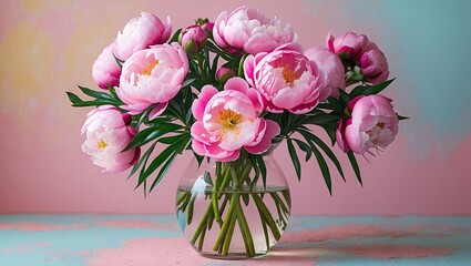 Fototapeta premium Elegant glass vase filled with vibrant pink peonies, positioned centrally against a soft pastel background of blue and pink hues.