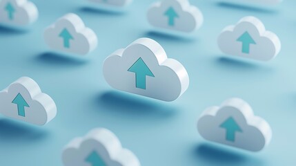 Cloud storage concept with upward arrows, digital data management and technology, 3D illustration on blue background