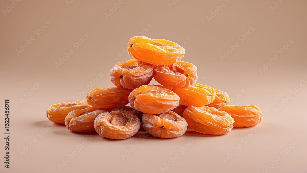 Poster dried apricots arranged in a pyramid on a soft beige background with warm orange tones creating a na