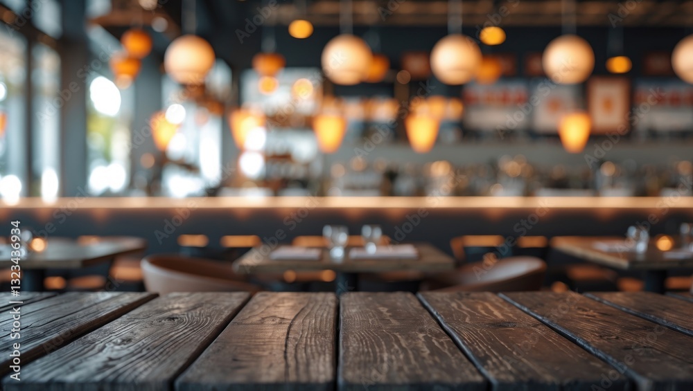 Poster dark wooden table in the foreground with blurred warm bokeh restaurant background featuring soft yel