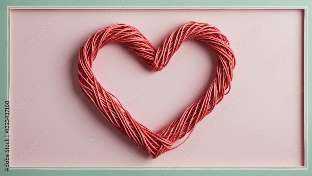 Poster heart shape crafted from intertwined pink strings, centered within a mint green frame, set against a