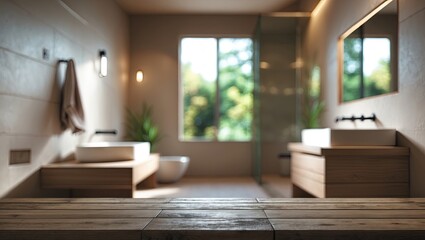 Fototapeta premium Modern bathroom interior featuring a blurred background, natural lighting, wooden furnishings, and an empty tabletop ideal for product display.