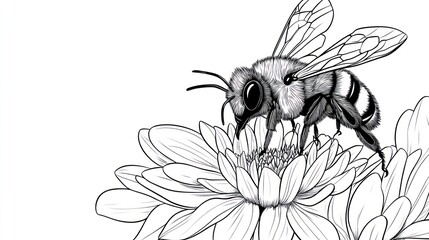 Bee pollinating flower, white background, nature illustration, educational use