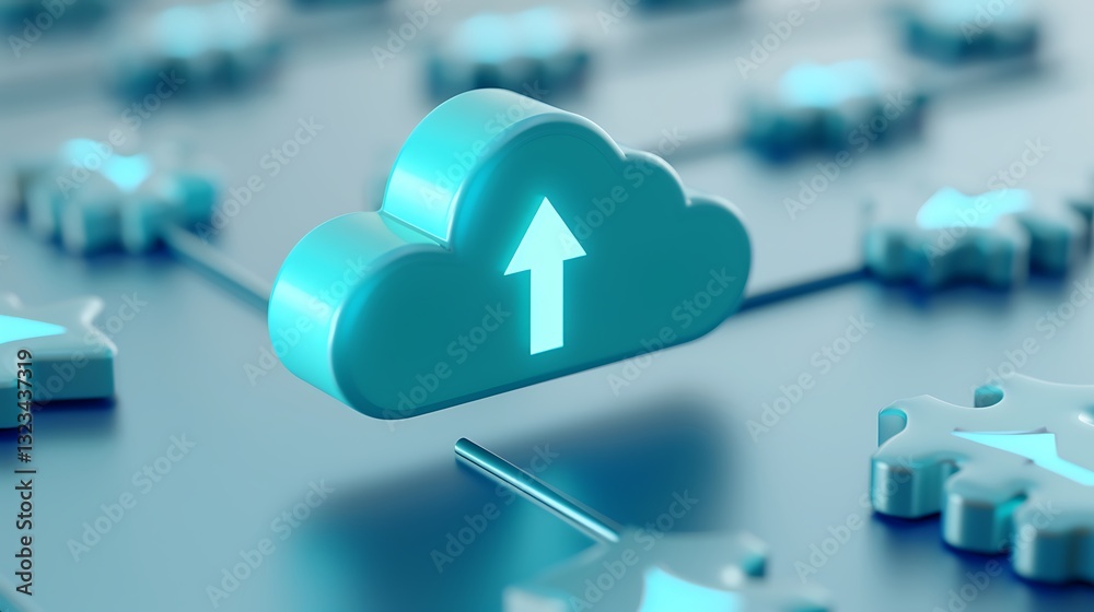 Poster cloud upload icon in digital network environment with colorful puzzle pieces and data flow concept
