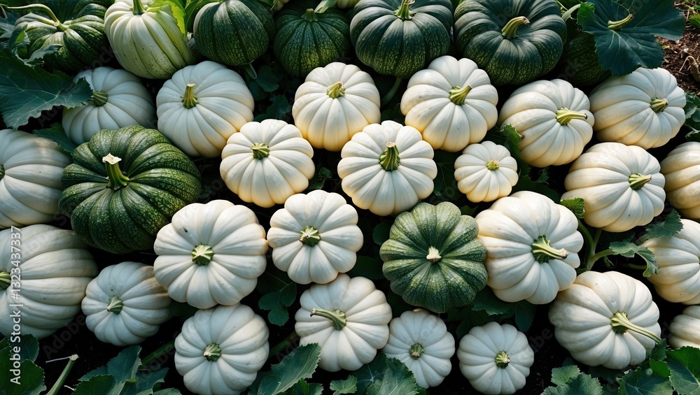 Aufkleber high angle view of various white and green pumpkins arranged on lush green leaves with sunlight cast