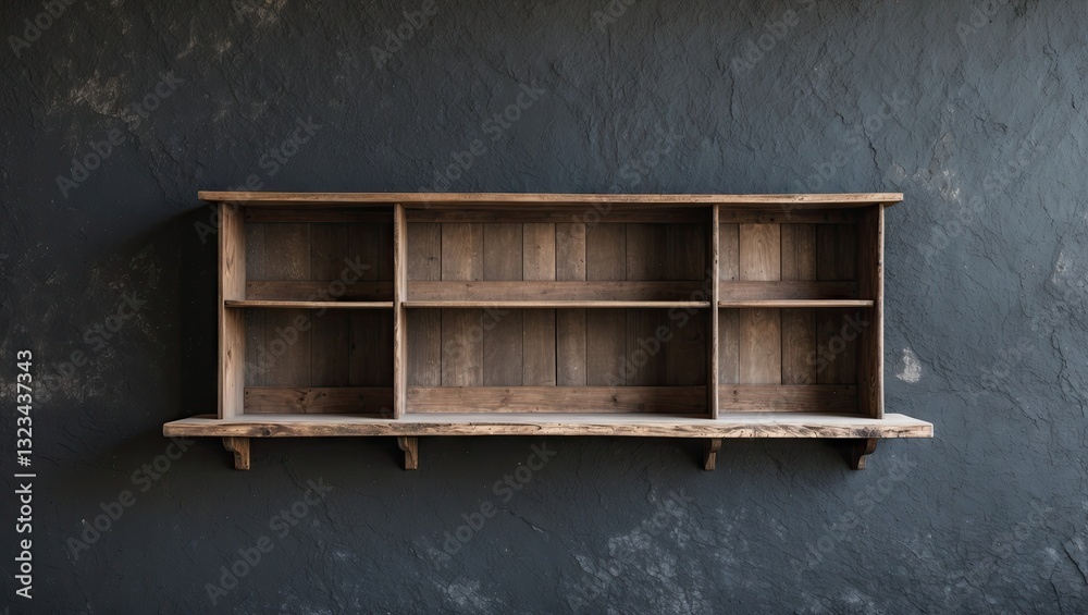 Aufkleber rustic wooden shelf with six compartments displayed on a textured dark wall background, emphasizing 