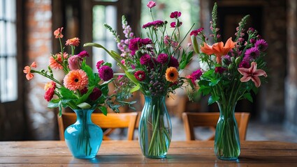 Colorful floral arrangements in three clear vases featuring pink, orange, and purple blooms on a rustic wooden table against a brick background