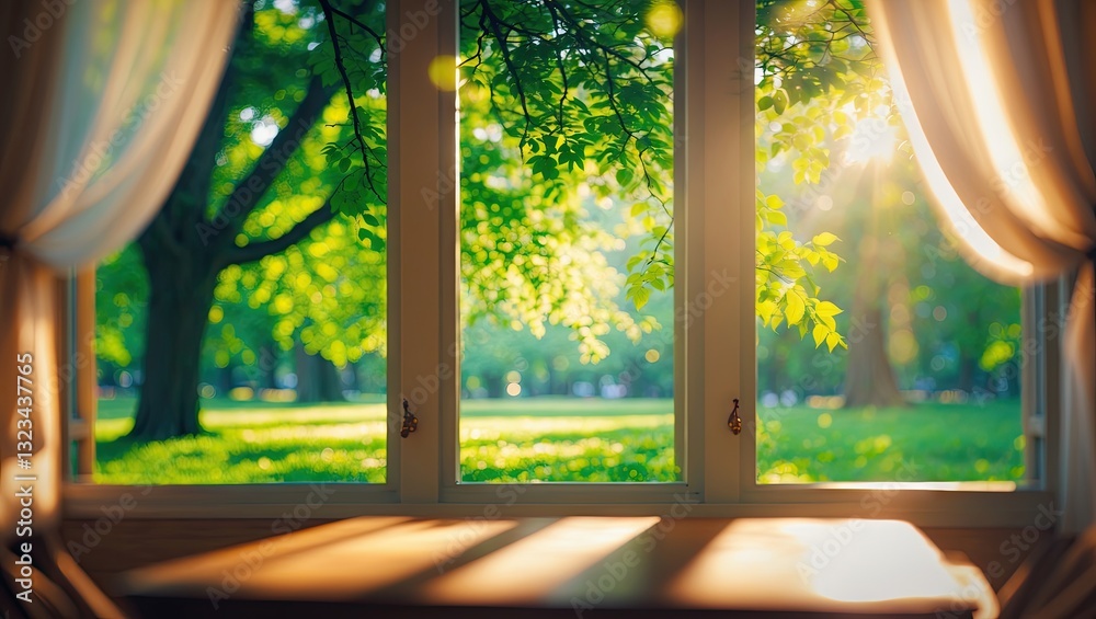 Aufkleber sunlit window view of a green park with vibrant leaves, soft sunlight filtering through, and a rusti