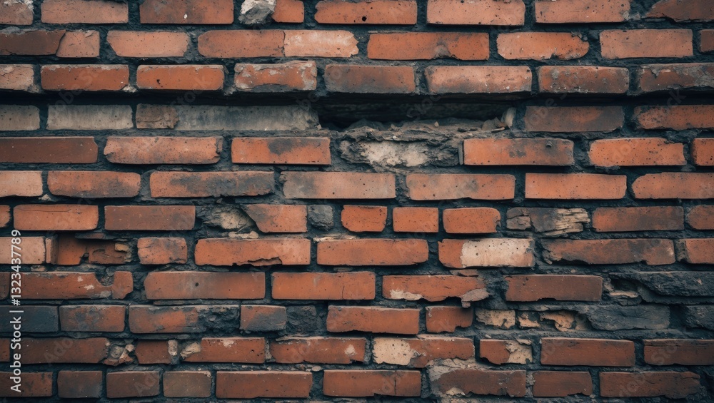 Aufkleber weathered red brick wall with visible wear and tear in the center; dark mortar contrasts with the ea