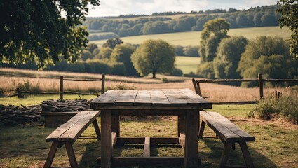 Rustic wooden picnic table in foreground with lush green countryside and rolling hills in background under soft sunlight for outdoor dining.