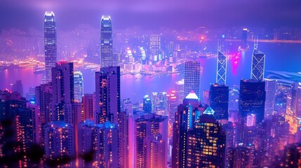 Fototapeta premium Purple and pink illuminated cityscape at night, viewed from an elevated perspective. High rise buildings, harbor lights, and a hazy atmosphere create a vibrant, dreamy scene.