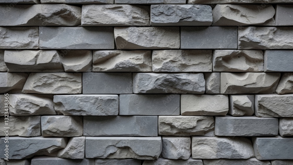 Poster Modern stone brick wall surface in shades of gray and muted tones arranged in a staggered pattern ideal for textured background applications.