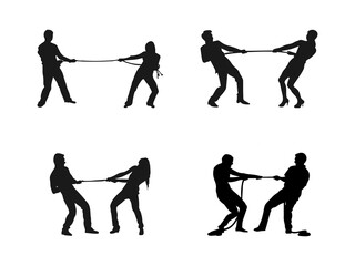 Young couple in a tug of war with a rope silhouette. A man and woman are pulling rope. business competitive metaphor. vector icon. Vector illustration isolated on a white background.