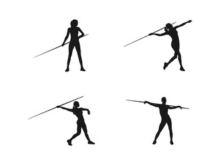 javelin throwing woman Athlete. Isolated silhouette of woman thrower, black and white drawing. Female Silhouette Illustration. Vector illustration isolated on a white background.