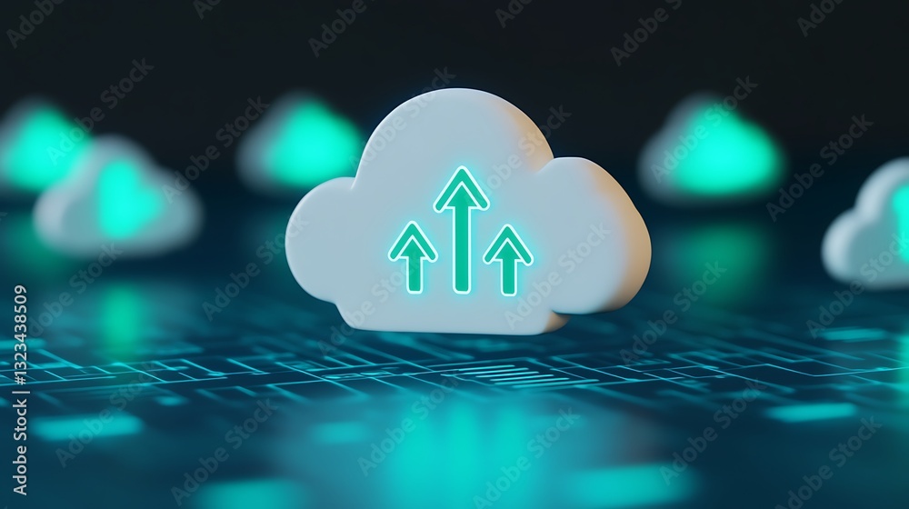 Poster data cloud with upload arrows on digital background representing cloud storage technology and data m