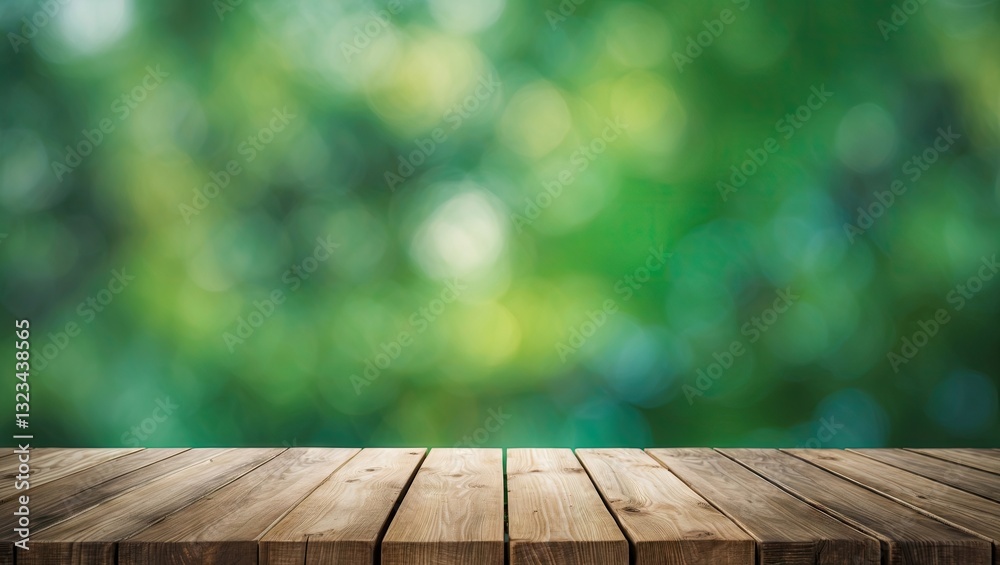 Poster wooden table surface in foreground with blurred green background creating a fresh natural ambiance s