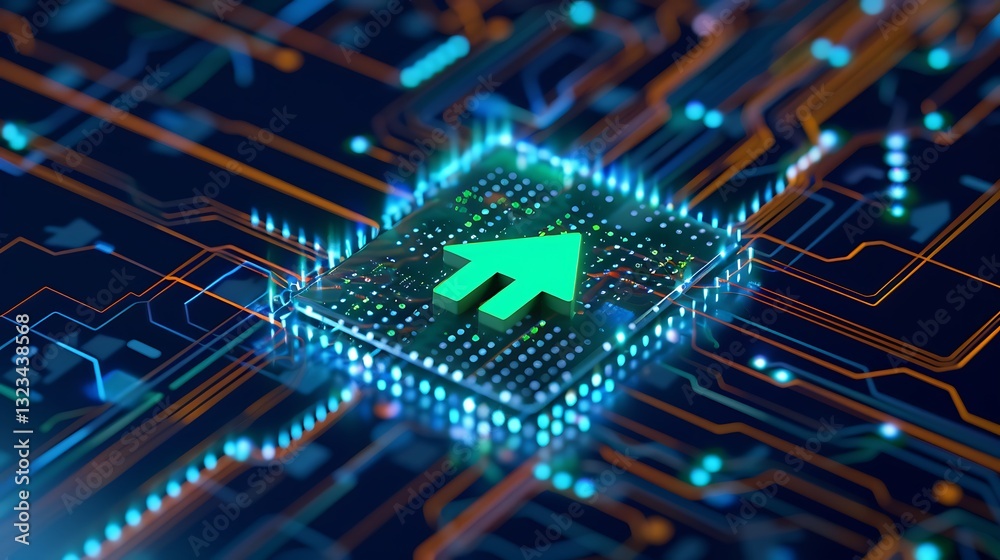 Wall mural digital chip technology with glowing green arrow on circuit board in abstract background for futuris