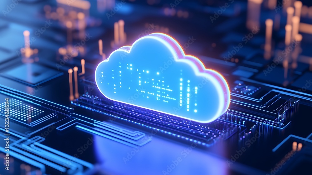 Poster digital cloud computing concept on circuit board with glowing blue lines and data representation