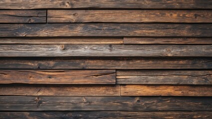 Fototapeta premium Dark wooden planks arranged in horizontal lines create a rustic background with rich brown tones and varying textures, ideal for design projects.