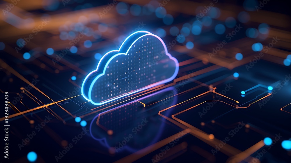Poster digital cloud computing concept with glowing circuits and data connections represented in a futurist