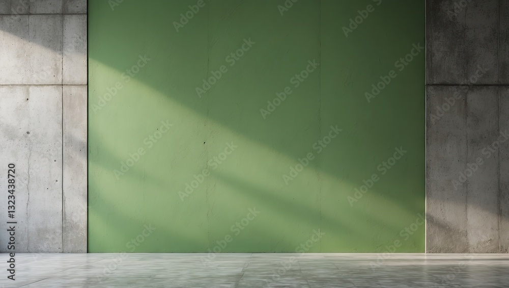 Fototapete Close-up of a green concrete wall with soft light shadows creating depth and texture in a modern interior space with polished floor.