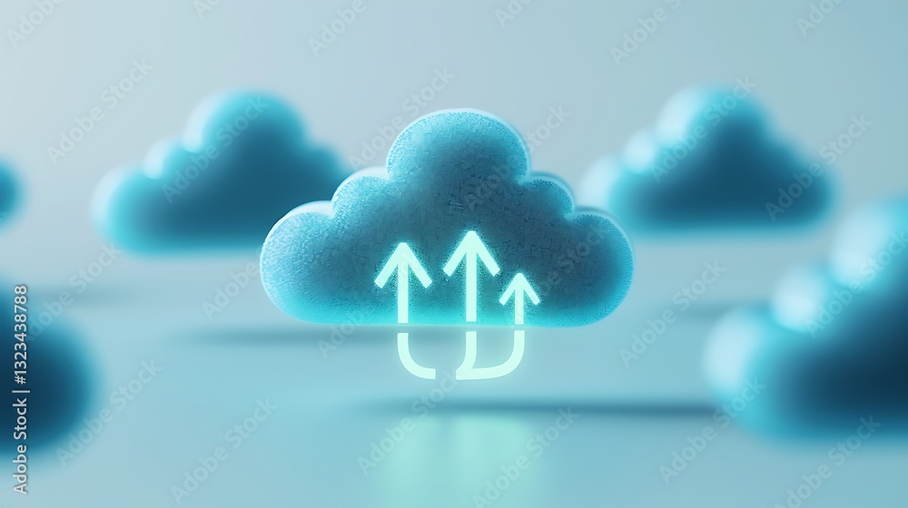 Poster digital cloud computing concept with neon arrows depicting data upload and download process in blue 
