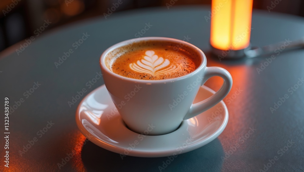 Poster espresso coffee in a white cup centered on a dark green table with a warm orange glow illuminating t