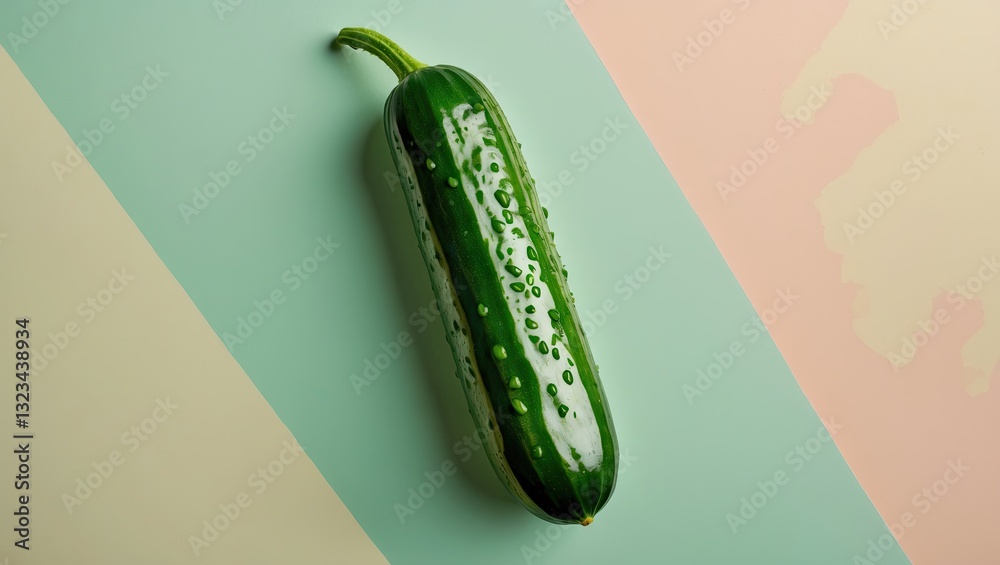 Poster fresh green cucumber resting diagonally across a soft pastel green and peach background with smooth 