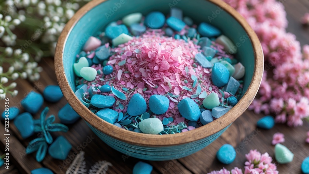 Aufkleber aqua blue and pink potpourri arranged in a turquoise bowl with floral accents on rustic wooden backg