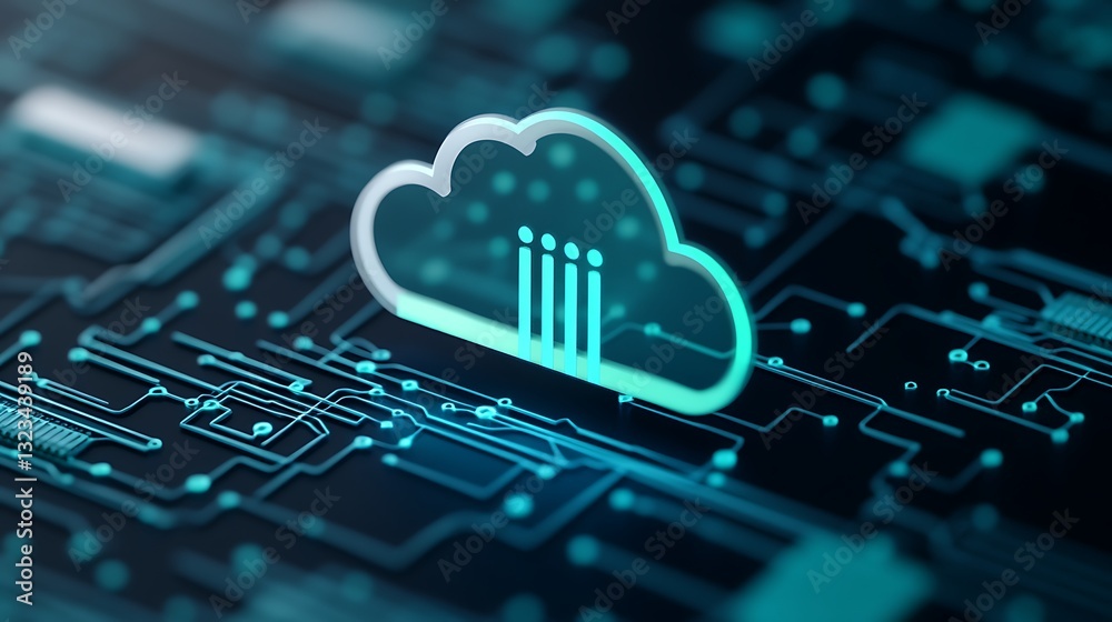 Poster digital cloud concept with circuit board background illustrating cloud computing and data storage so
